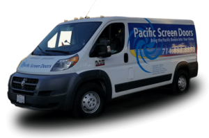 Pacific Screen Doors service van arriving for screen door repair Orange County at customer location